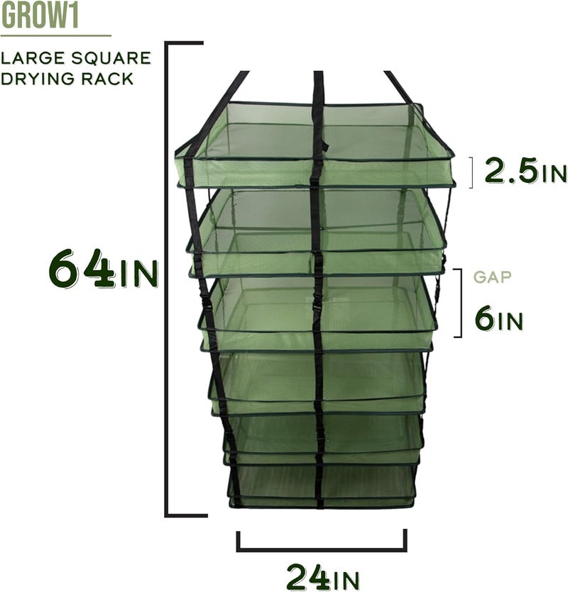 Grow1 Large Square Drying Rack 6-Layer 24x24in Collapsible Mesh Herb and Flower Hanging Dryer with Carrying Case and Center Support Strap - Image 1